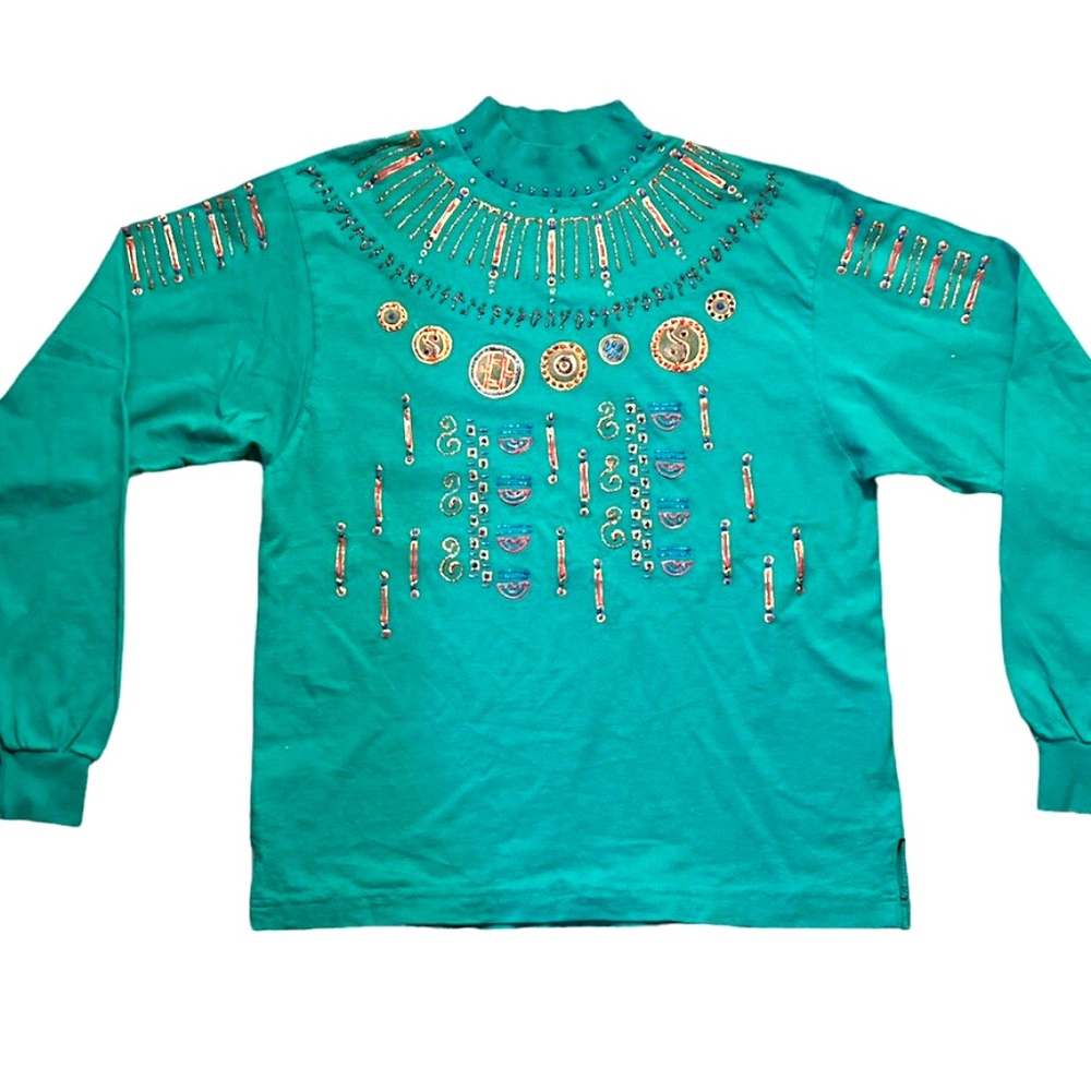 Vintage 90s Hand Painted Glitter Puff Paint Turquoise Mock Neck Longsleeve Shirt